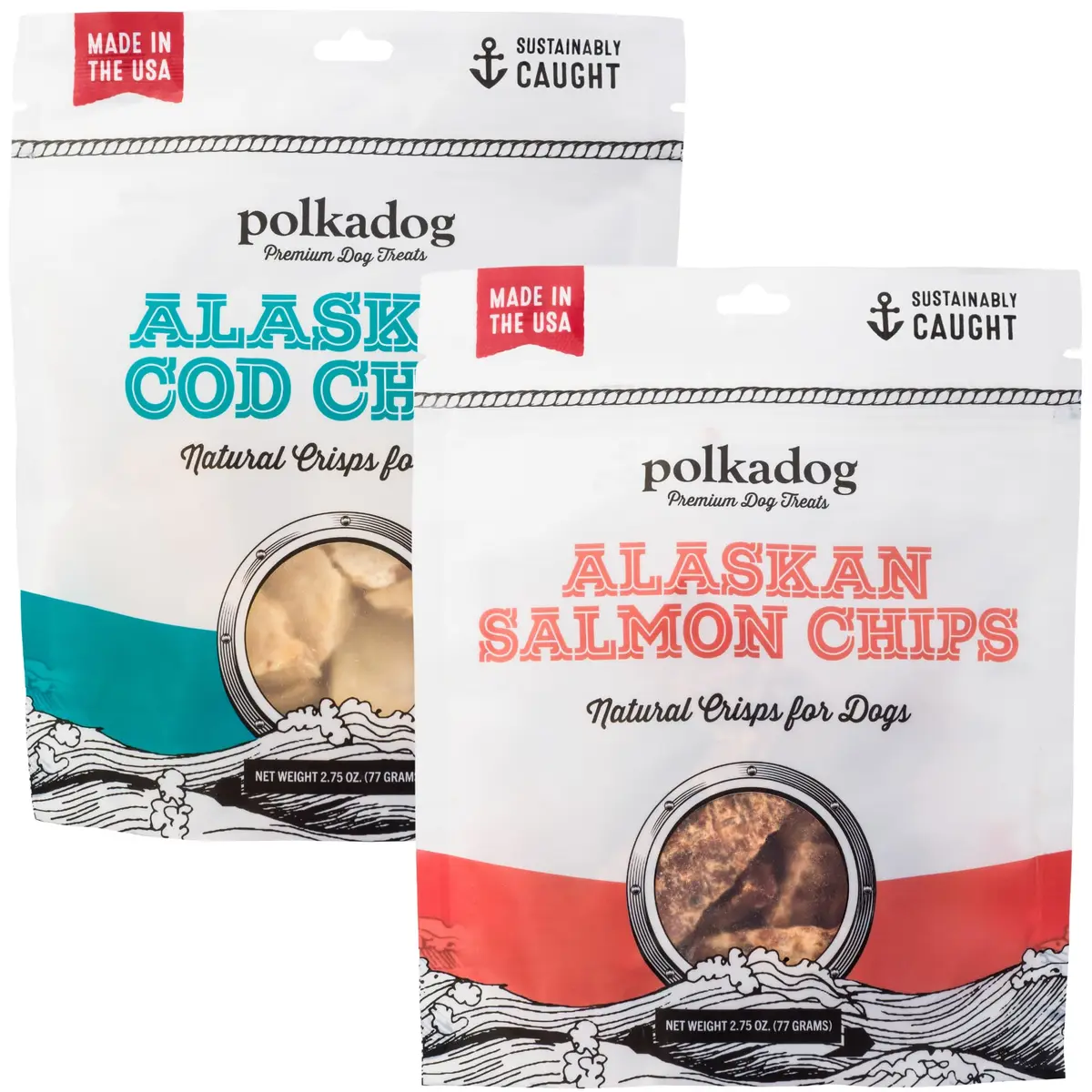 Polkadog Crunchy Alaskan Cod & Salmon Chip Dog Treats | Wild-Caught, Single-Ingredient, USA Made, 2.75oz (Variety 2Pk) - main product image