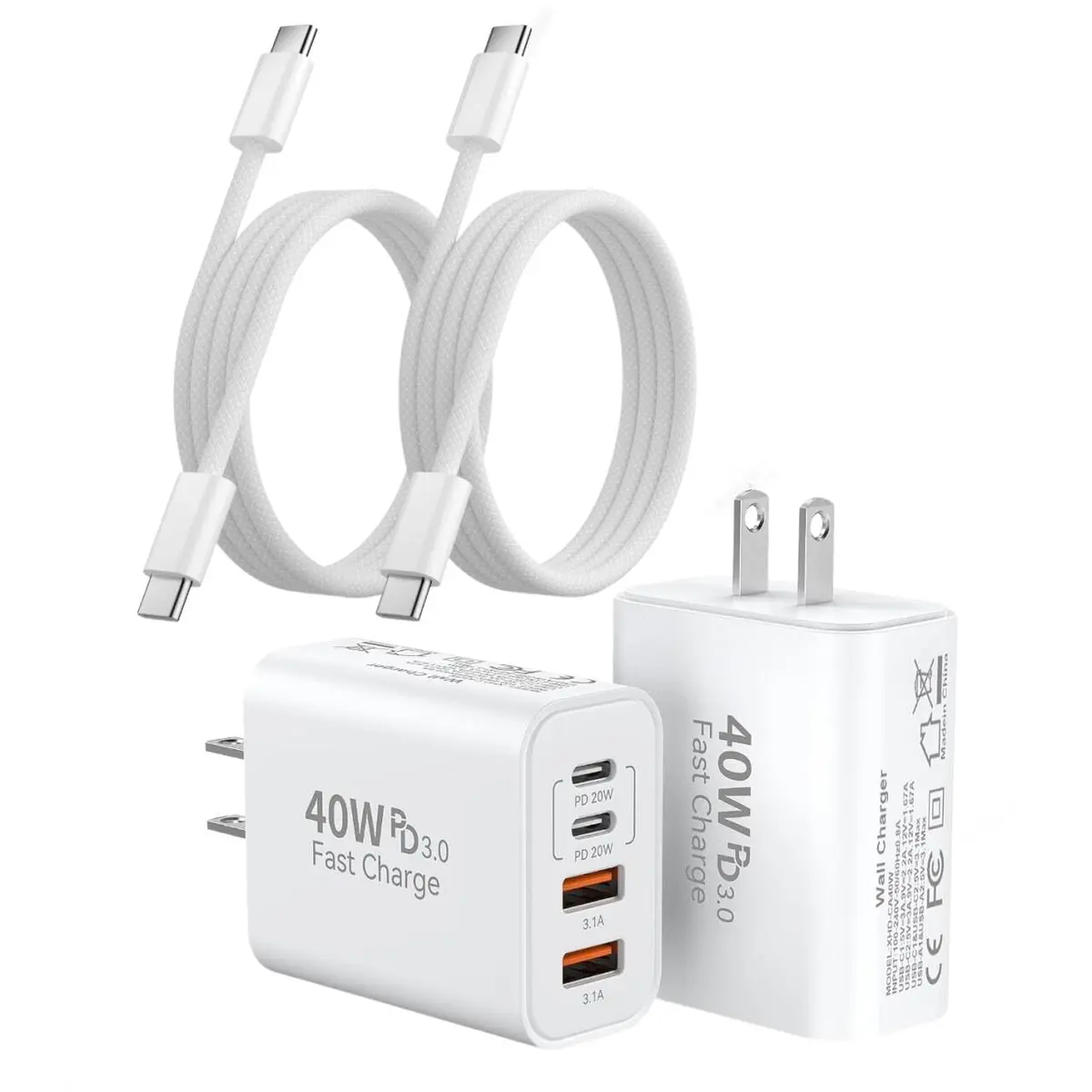 Dazana USB C to C Woven Cable & 40W Multiport Fast Charger for iPhone 17/16/15 Max | 3FT Braided Data & Power Cord - main product image