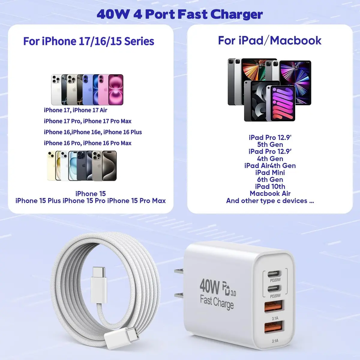 Dazana 40W MultiPort USB C Charger & 6FT Braided Cable | Fast Charging for iPhone & iPad - view 7