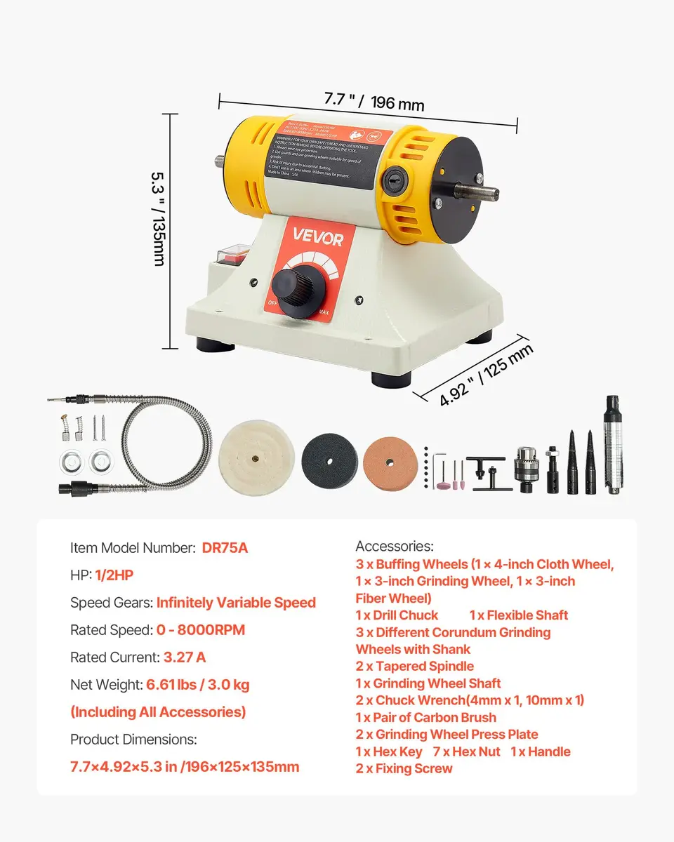 VEVOR Bench Buffer Polisher 1/2HP 8000RPM 3kg (6.61 lbs) | Polishing Machine for Metal, Wood, Plastic - view 7