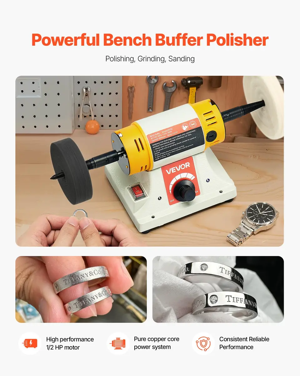 VEVOR Bench Buffer Polisher 1/2HP 8000RPM 3kg (6.61 lbs) | Polishing Machine for Metal, Wood, Plastic - view 2