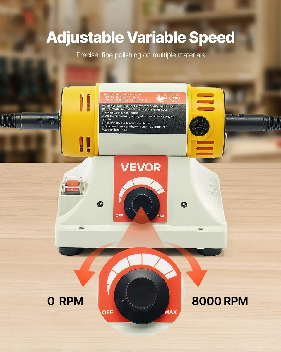 VEVOR Bench Buffer Polisher 1/2HP 8000RPM 3kg (6.61 lbs) | Polishing Machine for Metal, Wood, Plastic - view 3
