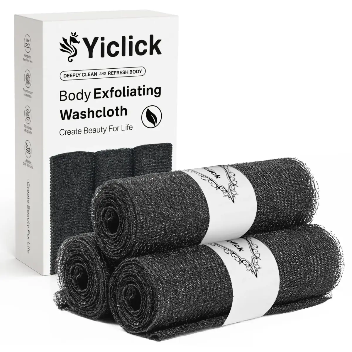 Yiclick Exfoliating Washcloth Towel 3-Pack, Black | Japanese Style Back Scrubber for Body - main product image