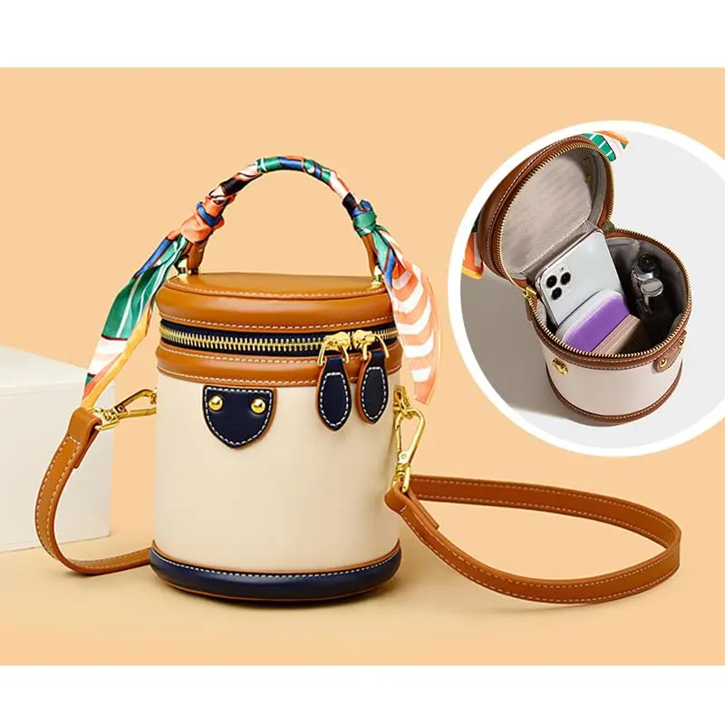 SYHTBYOH Mini Bucket Crossbody Bag 5.1"L x 4.3"W x 6.3"H | Faux Leather Small Retro Shoulder Handbag - view 8