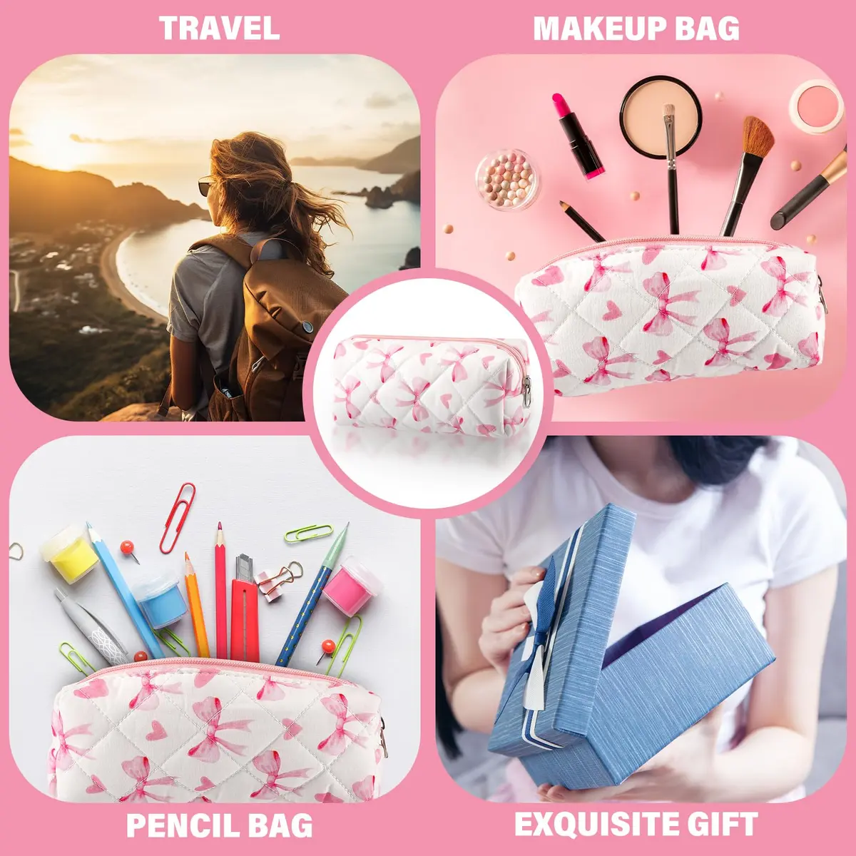 Sherr Coquette Bow Pencil Case Pink Bow Cute Heart Pencil Pouch 19cm (7.48in) | Soft Cotton Storage Bag - view 5