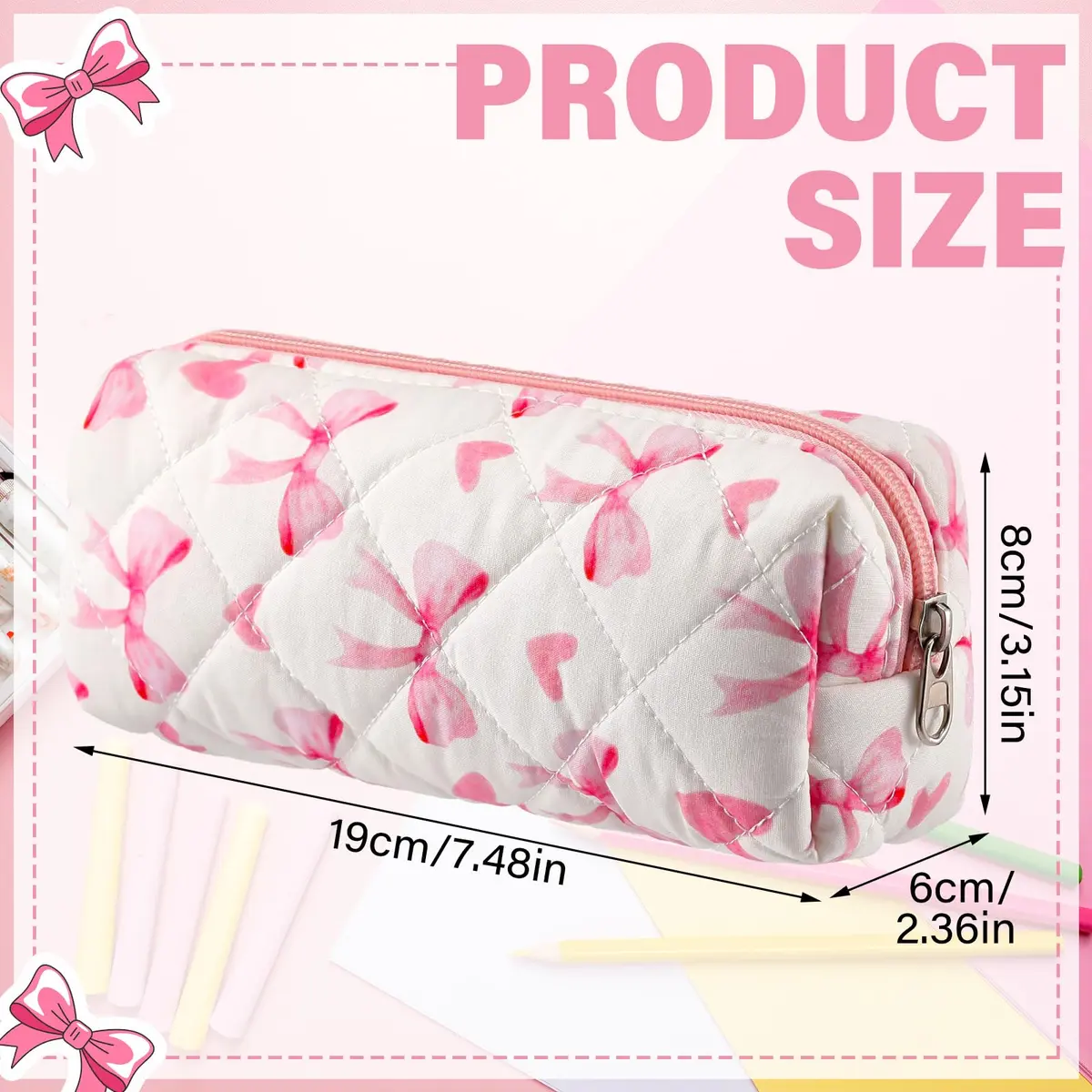 Sherr Coquette Bow Pencil Case Pink Bow Cute Heart Pencil Pouch 19cm (7.48in) | Soft Cotton Storage Bag - view 2