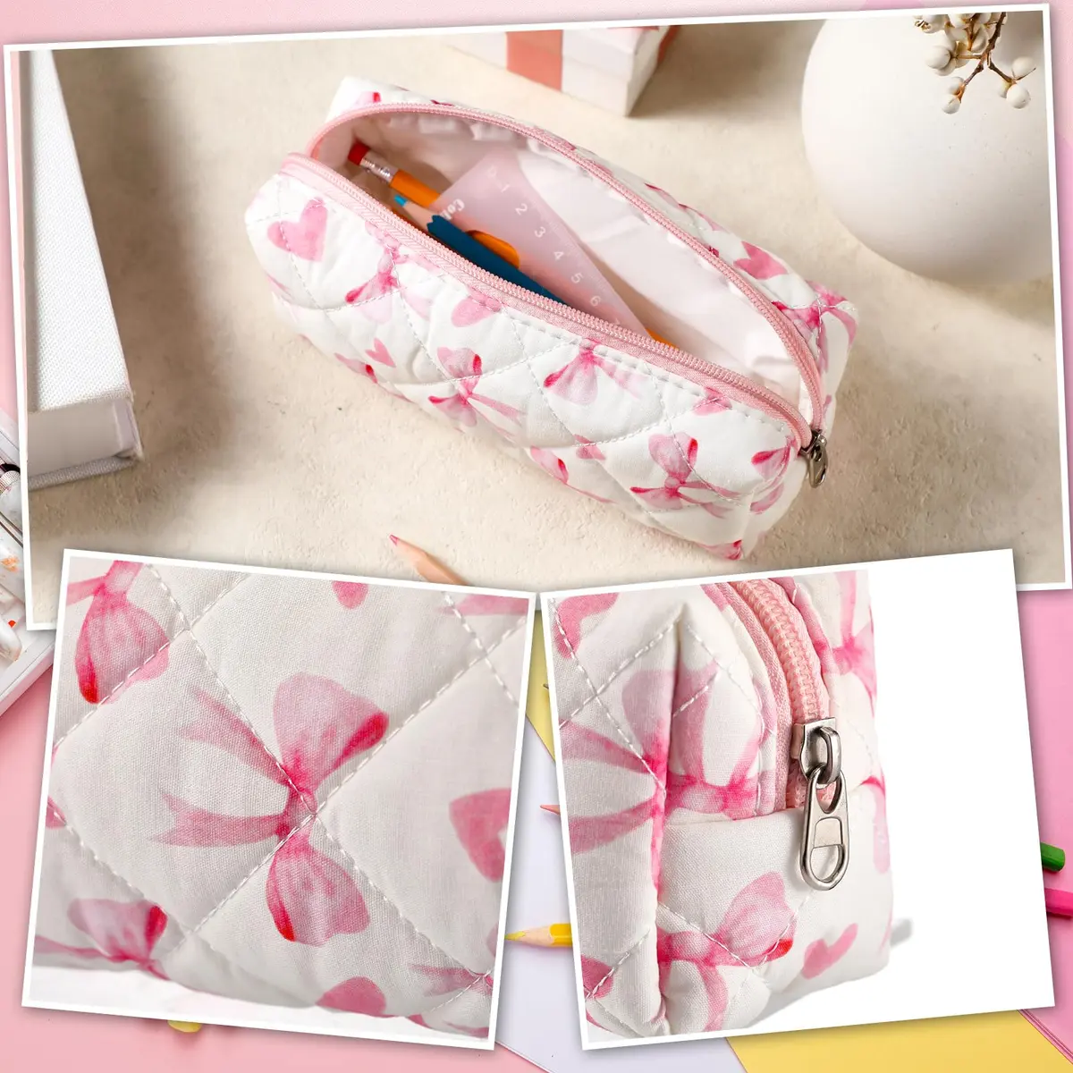 Sherr Coquette Bow Pencil Case Pink Bow Cute Heart Pencil Pouch 19cm (7.48in) | Soft Cotton Storage Bag - view 4