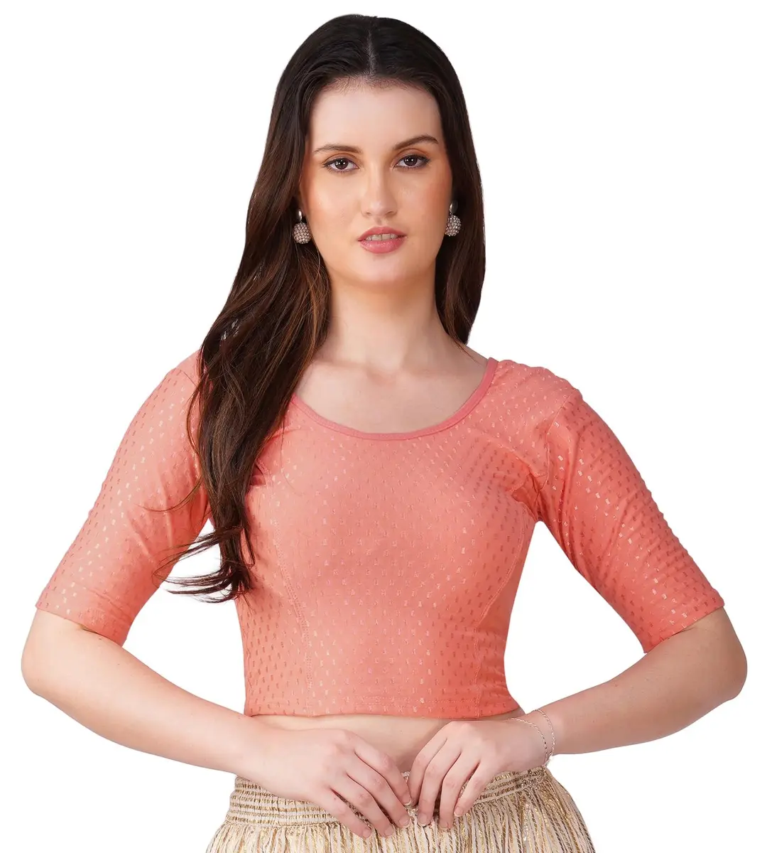 Fressia Fabrics Round Neck Pure Dobby Cotton Stretchable Elbow Sleeve Readymade Saree Blouse for Women Stylish XXL (208 Peach) | 110g Lightweight Fabric - main product image
