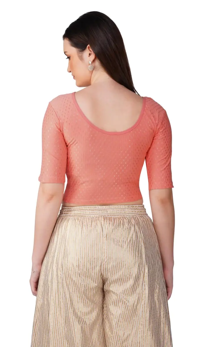 Fressia Fabrics Round Neck Pure Dobby Cotton Stretchable Elbow Sleeve Readymade Saree Blouse for Women Stylish XXL (208 Peach) | 110g Lightweight Fabric - view 5