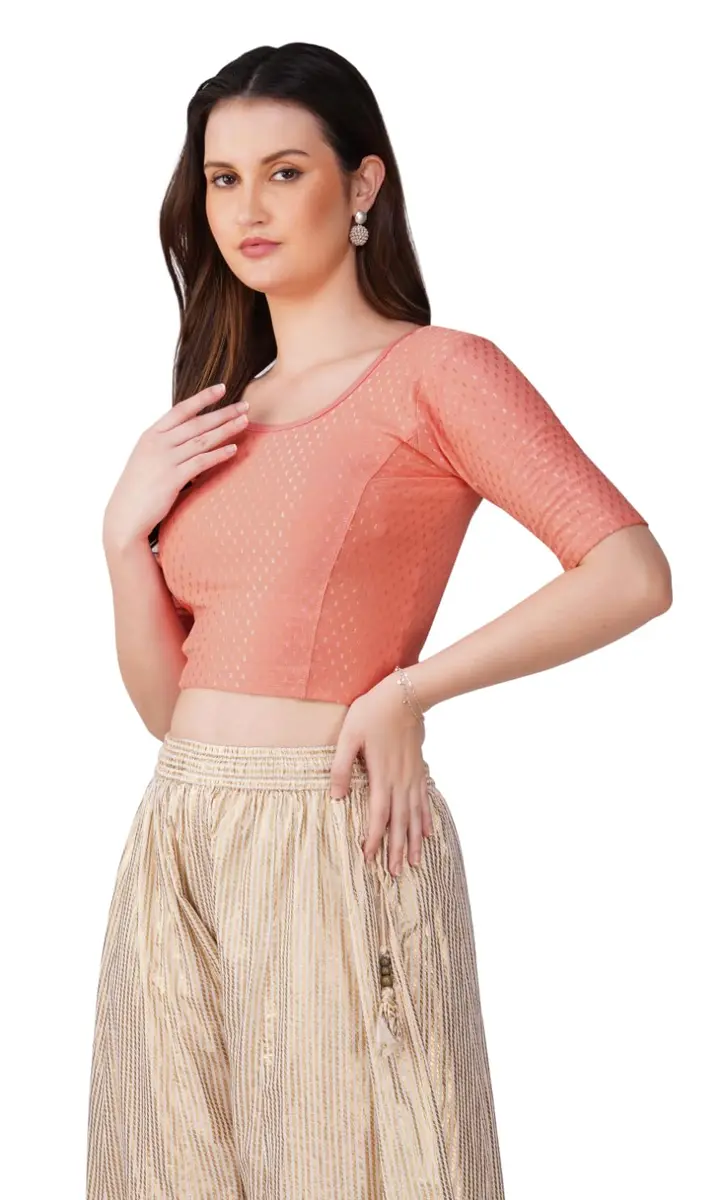 Fressia Fabrics Round Neck Pure Dobby Cotton Stretchable Elbow Sleeve Readymade Saree Blouse for Women Stylish XXL (208 Peach) | 110g Lightweight Fabric - view 9