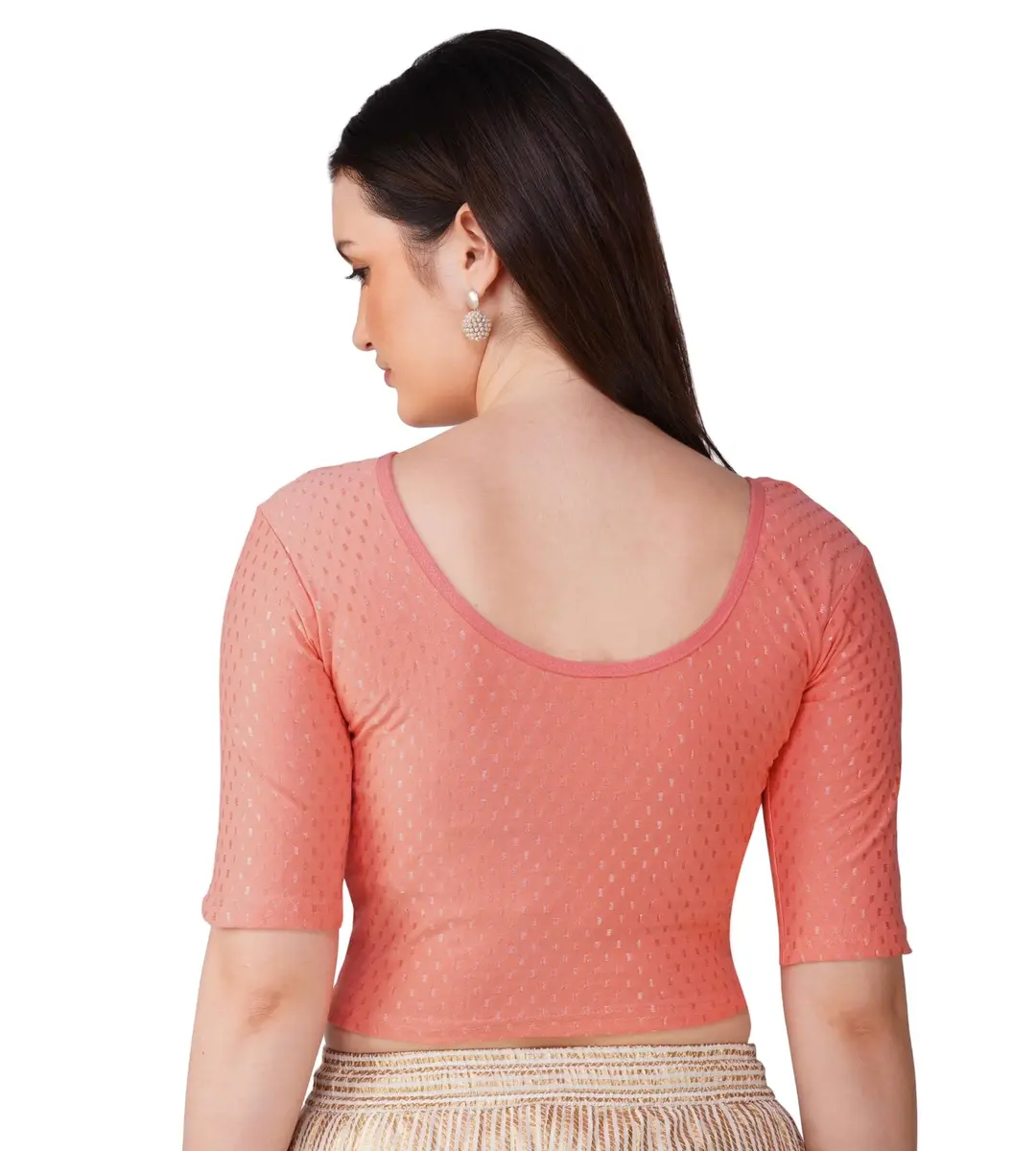 Fressia Fabrics Round Neck Pure Dobby Cotton Stretchable Elbow Sleeve Readymade Saree Blouse for Women Stylish XXL (208 Peach) | 110g Lightweight Fabric - view 2