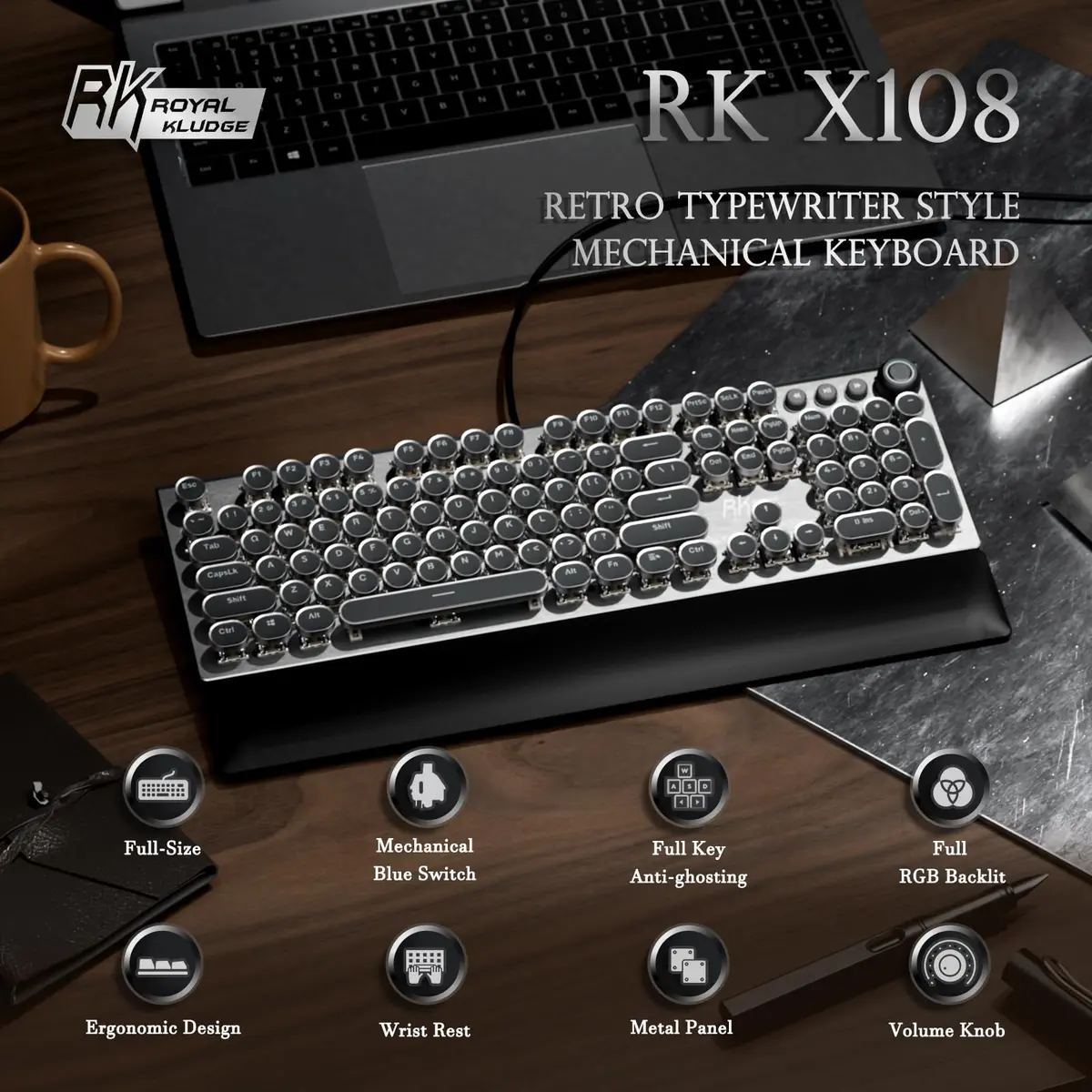 RK ROYAL KLUDGE X108 Typewriter Mechanical Keyboard 108 Keys RGB Backlit Shadow Black - view 2