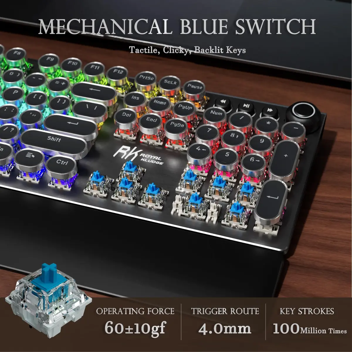 RK ROYAL KLUDGE X108 Typewriter Mechanical Keyboard 108 Keys RGB Backlit Shadow Black - view 4