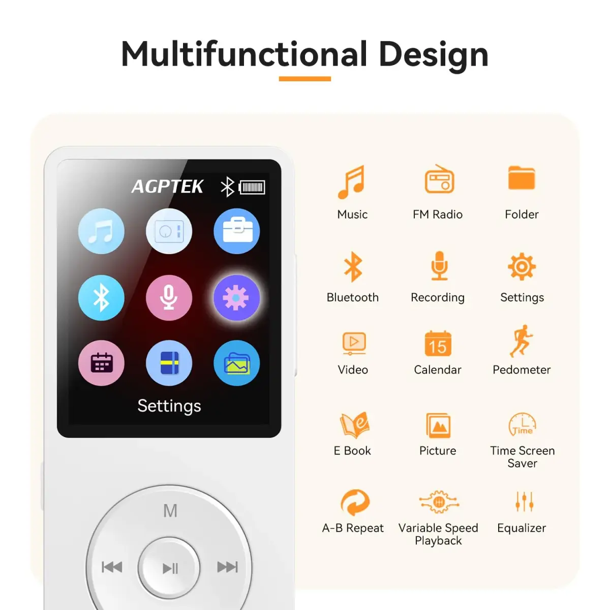 AGPTEK A02 MP3 Player 64GB White | Bluetooth 5.3 Portable Music Player with Speaker - view 8