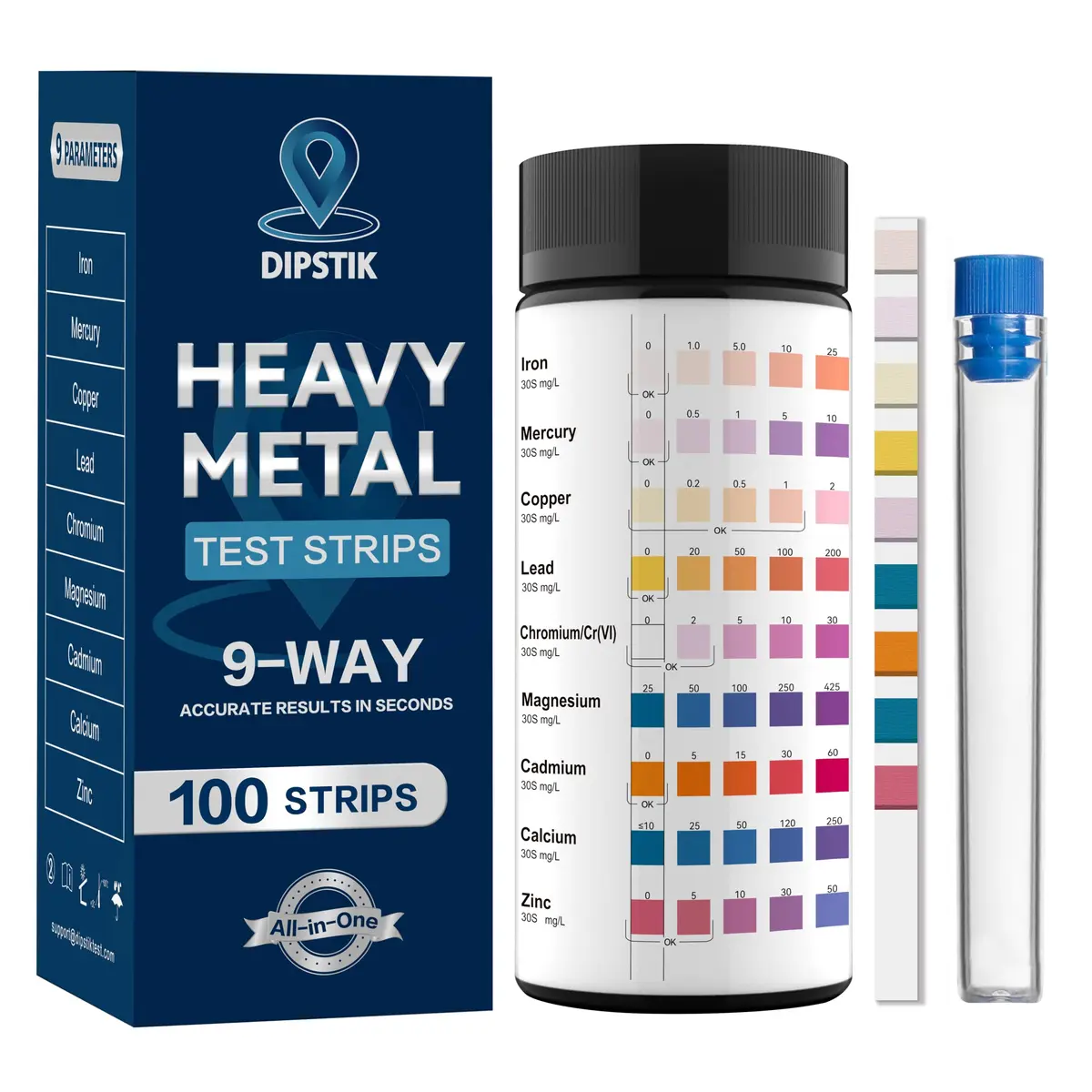 DIPSTIK 9 Way Heavy Metals Water Test Strips 100ct | Accurate Home Water Testing Kit for Iron, Mercury, Lead & More - main product image