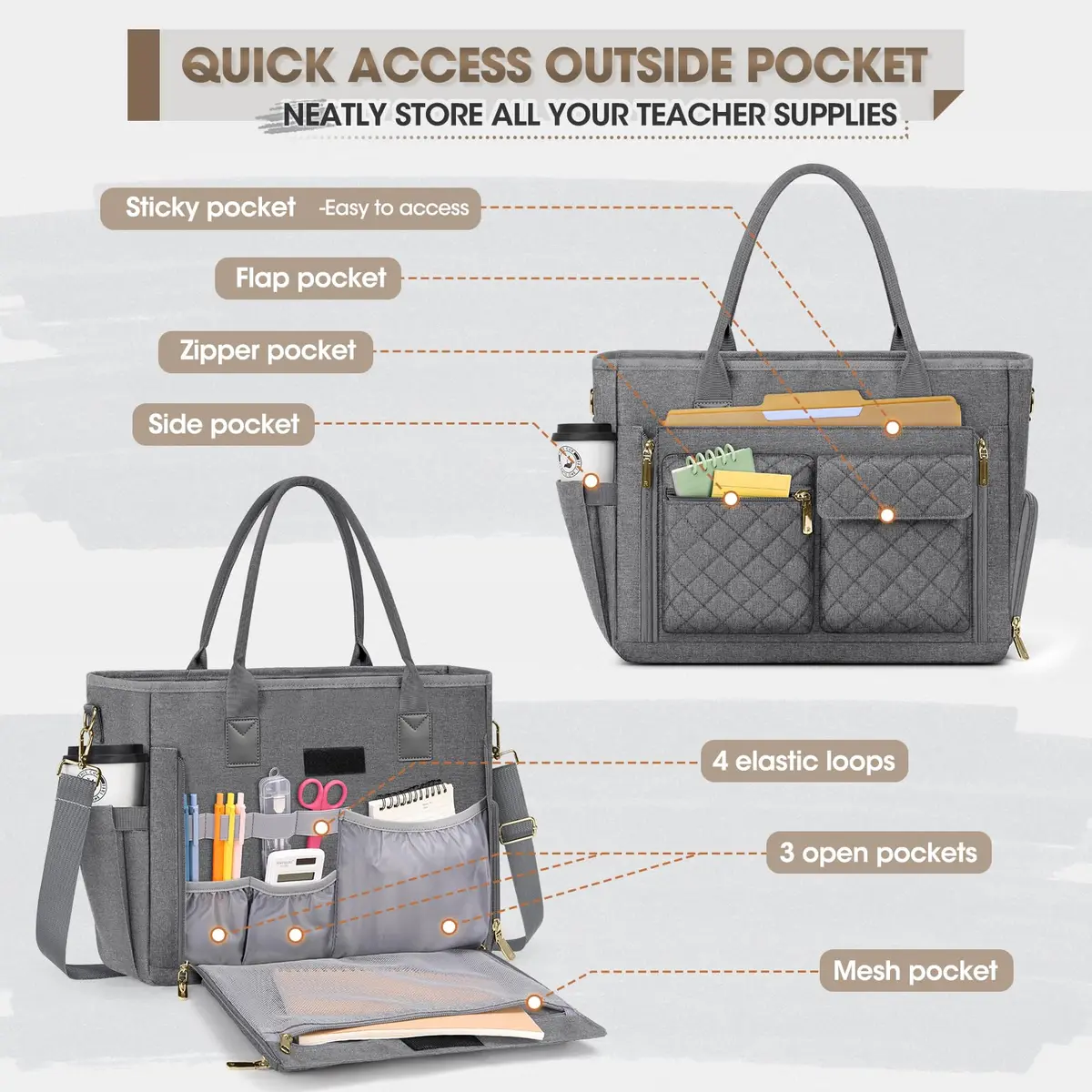 RAINSMORE Teacher Tote Bag with Lunch Compartment for Women | 15.6 inch Laptop & Insulated Side Pockets - view 5