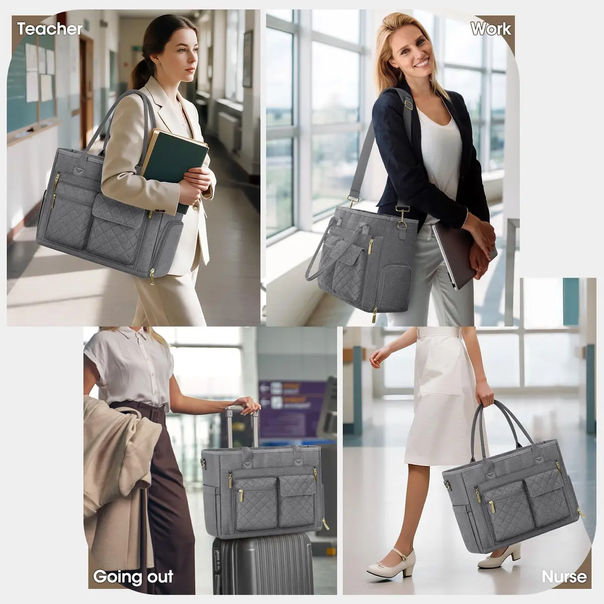 RAINSMORE Teacher Tote Bag with Lunch Compartment for Women | 15.6 inch Laptop & Insulated Side Pockets - view 2