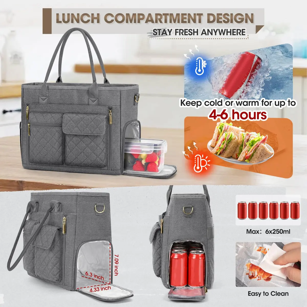 RAINSMORE Teacher Tote Bag with Lunch Compartment for Women | 15.6 inch Laptop & Insulated Side Pockets - view 3