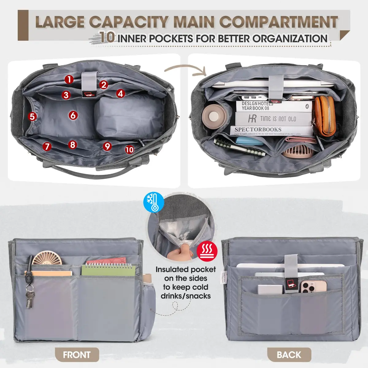 RAINSMORE Teacher Tote Bag with Lunch Compartment for Women | 15.6 inch Laptop & Insulated Side Pockets - view 4