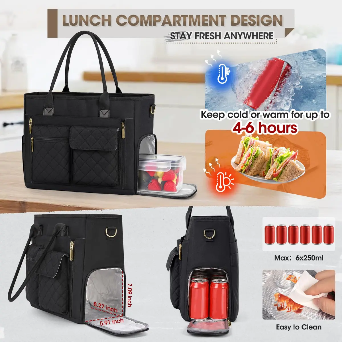 RAINSMORE Teacher Tote Bag with Lunch Compartment for Women | 15.6 inch Laptop & Insulated Side Pockets - view 3