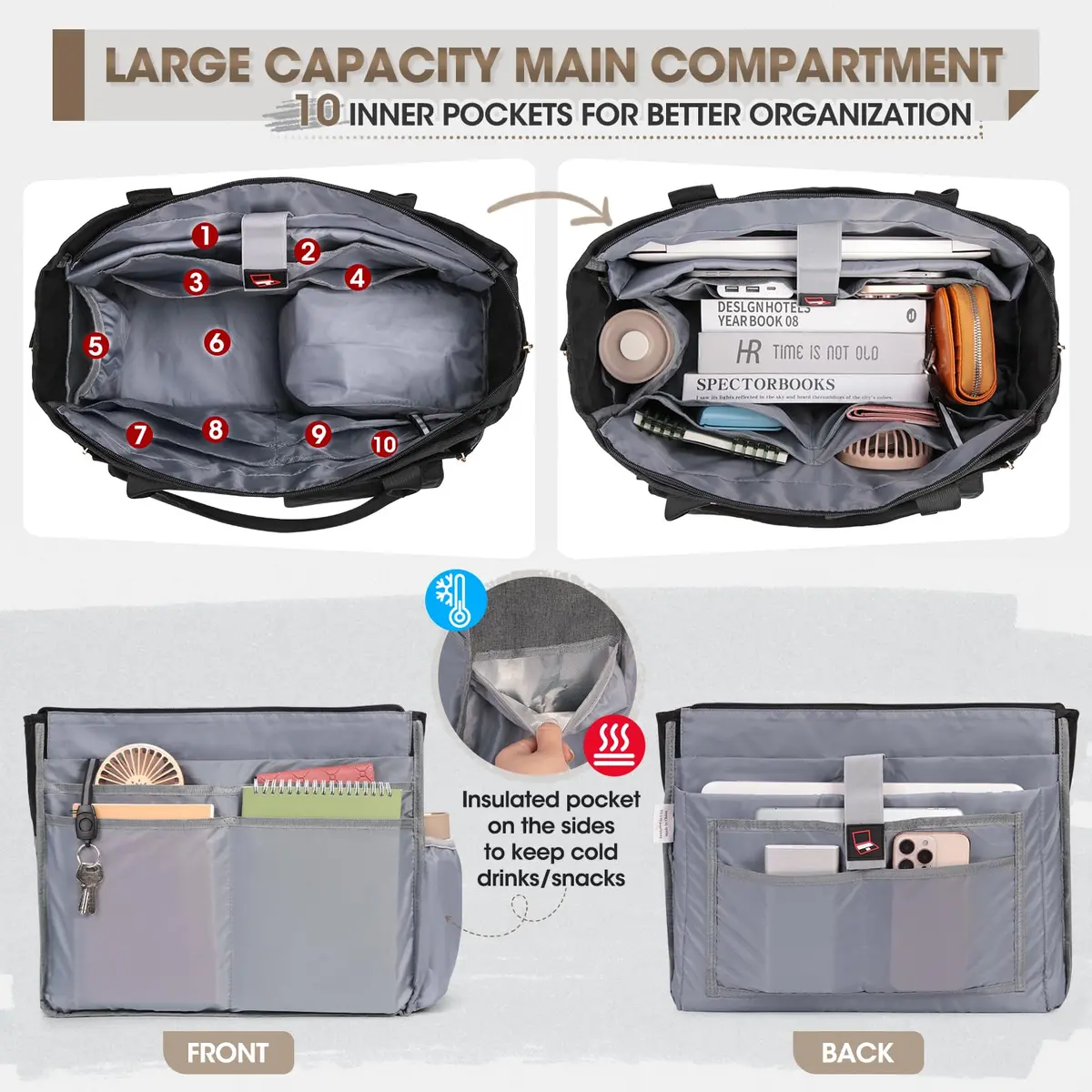 RAINSMORE Teacher Tote Bag with Lunch Compartment for Women | 15.6 inch Laptop & Insulated Side Pockets - view 4