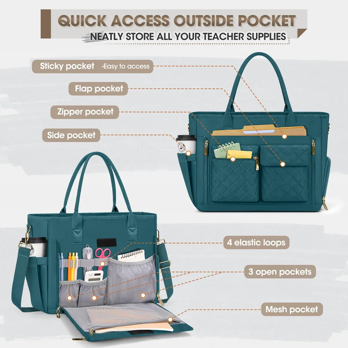RAINSMORE Teacher Tote Bag with Lunch Compartment for Women | 15.6 inch Laptop, Water-Resistant, Multi-Pocket - view 5