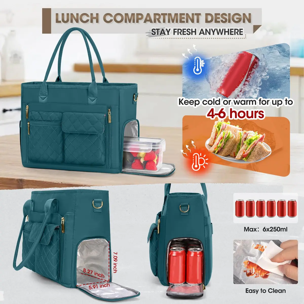RAINSMORE Teacher Tote Bag with Lunch Compartment for Women | 15.6 inch Laptop, Water-Resistant, Multi-Pocket - view 3