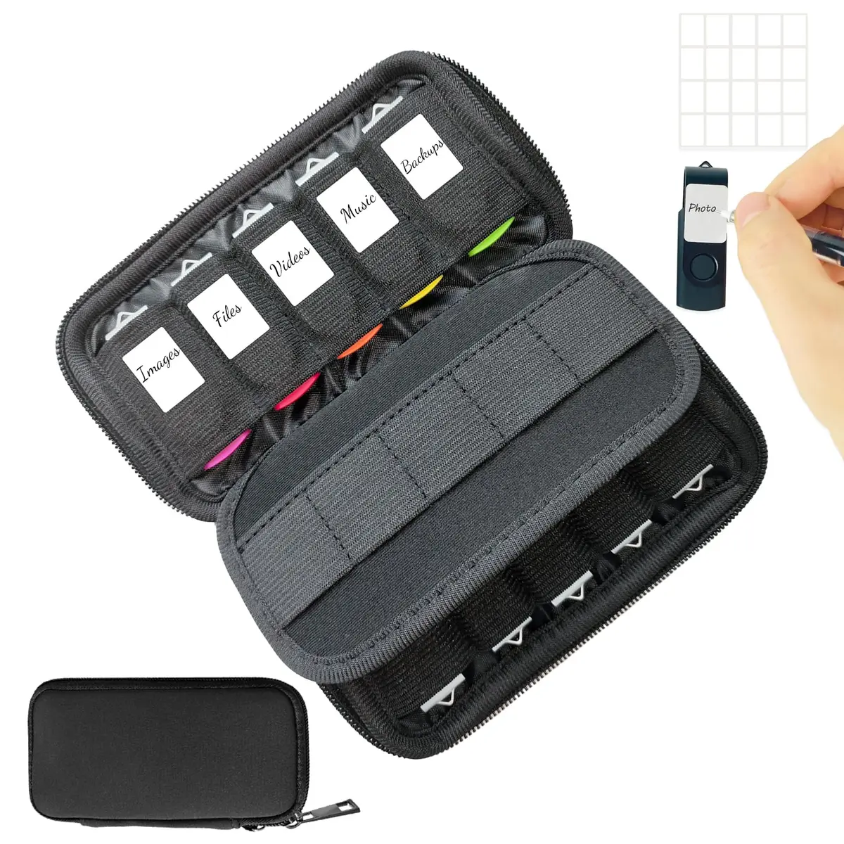JBOS USB Flash Drive Case with 10 USB Drive Slots and 10 Memory Card Slots Storage Organizer Case Holder for Thumb Drives Jump Drives SD Cards with Zipper Bag Black - main product image