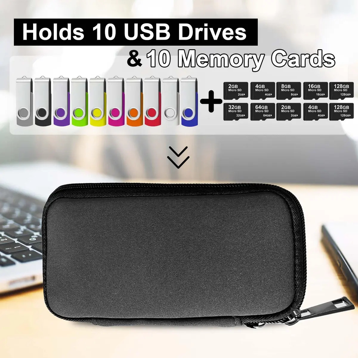 JBOS USB Flash Drive Case with 10 USB Drive Slots and 10 Memory Card Slots Storage Organizer Case Holder for Thumb Drives Jump Drives SD Cards with Zipper Bag Black - view 3