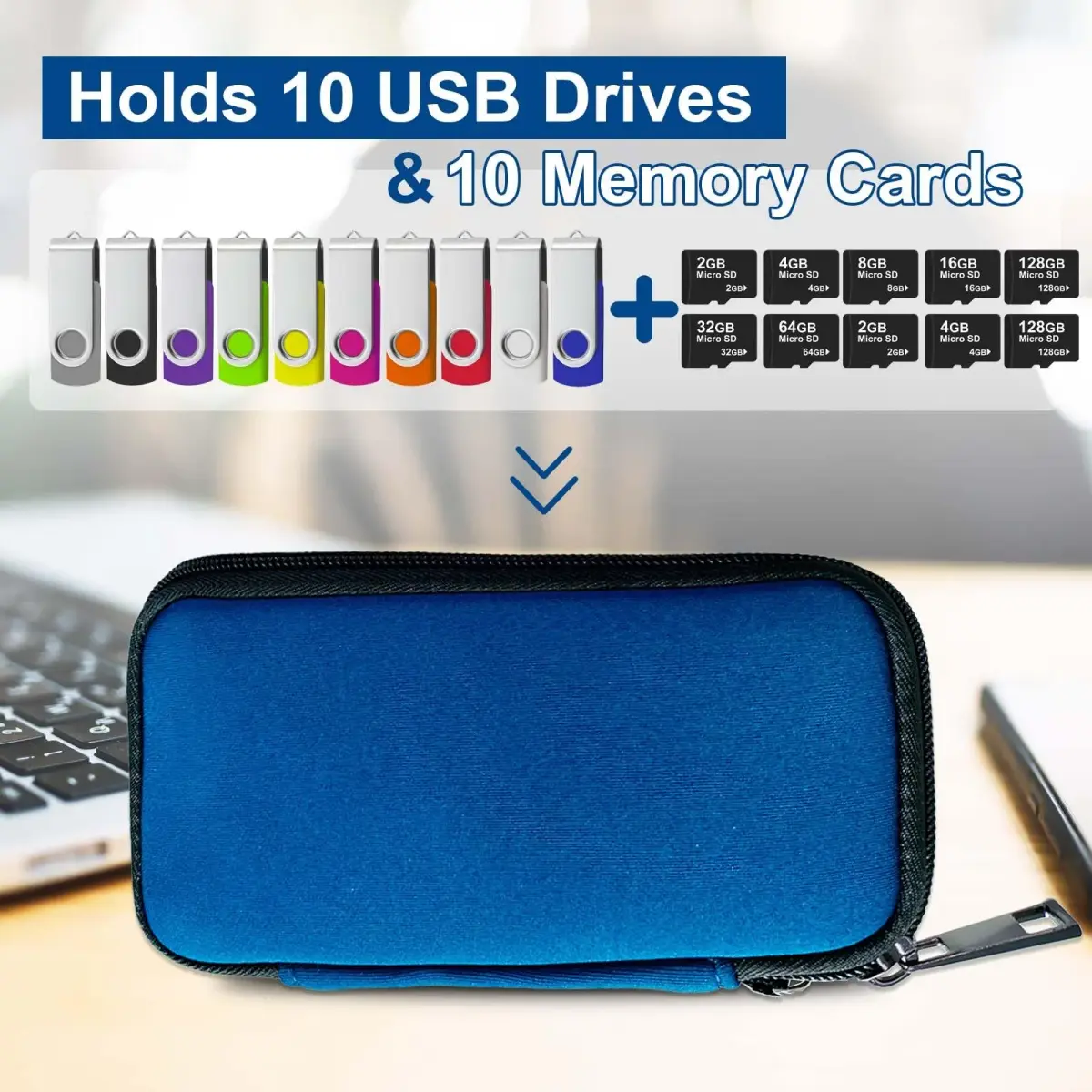 JBOS USB Flash Drive Case with 10 USB Drive Slots and 10 Memory Card Slots Storage Organizer Case Holder | Blue Neoprene - view 3