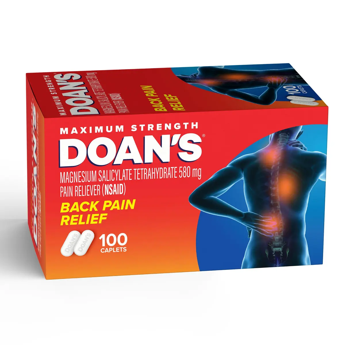 Doans Back Pain Relief Caplets, 580 mg Magnesium Salicylate, 100 Ct | Fast-Acting OTC Pain Relief for Back & Muscle - main product image