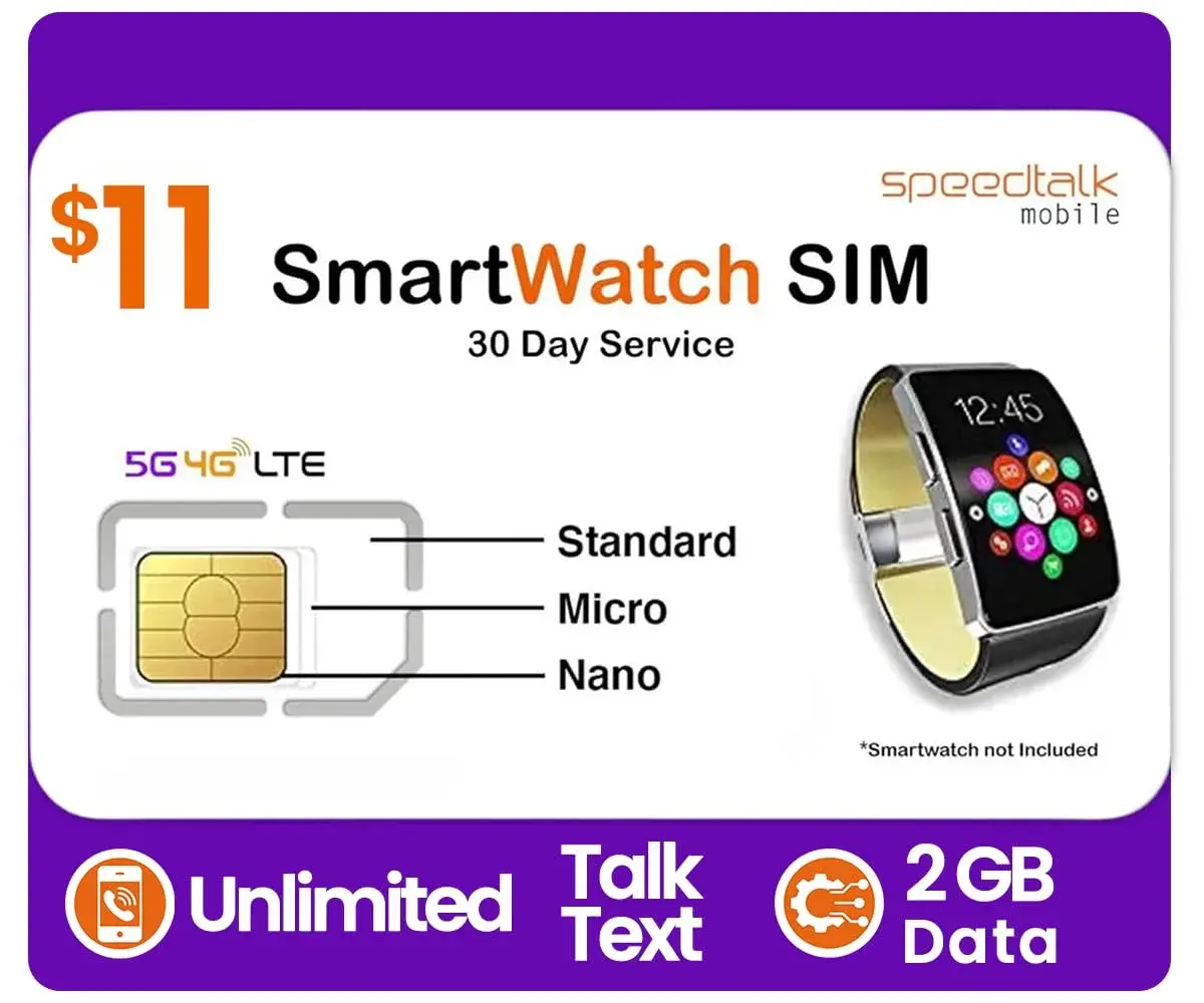 SpeedTalk Mobile Smartwatch SIM Card Kit 5G 4G LTE Wearables | Unlimited Talk Text 2GB Data | 3-in-1 Triple-Cut SIM | Prepaid Plan - main product image
