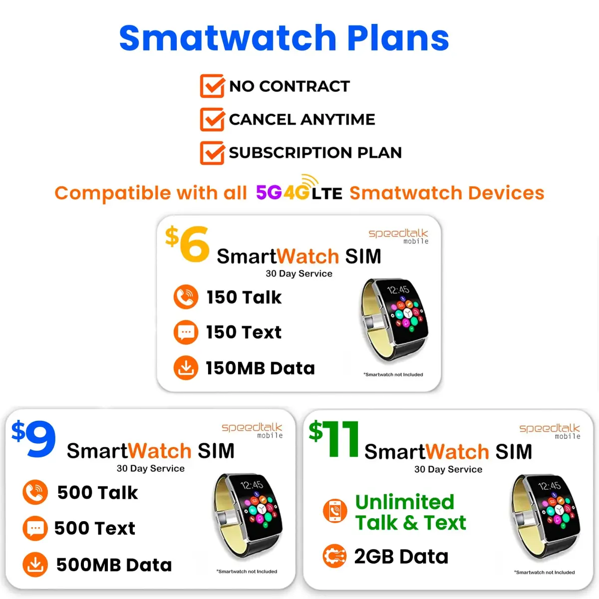 SpeedTalk Mobile Smartwatch SIM Card Kit 5G 4G LTE Wearables | Unlimited Talk Text 2GB Data | 3-in-1 Triple-Cut SIM | Prepaid Plan - view 5