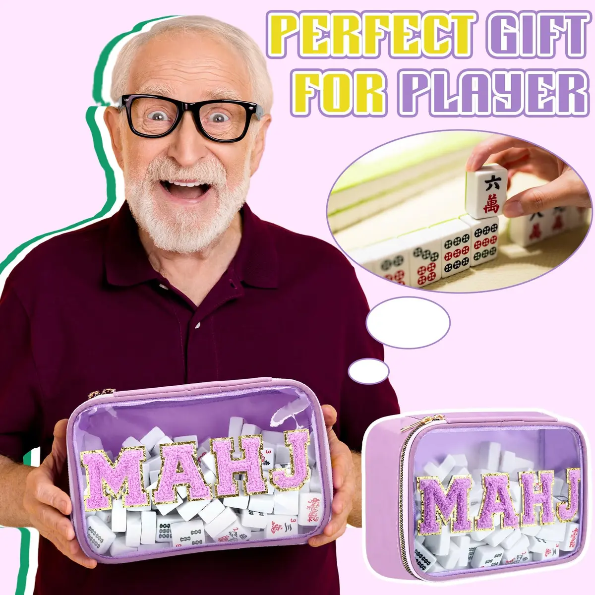 SilTriangle Mahjong Bag Waterproof Purple Mahj | Clear PVC, 8.66x5.52x3.15 inches, holds 166 tiles - view 5