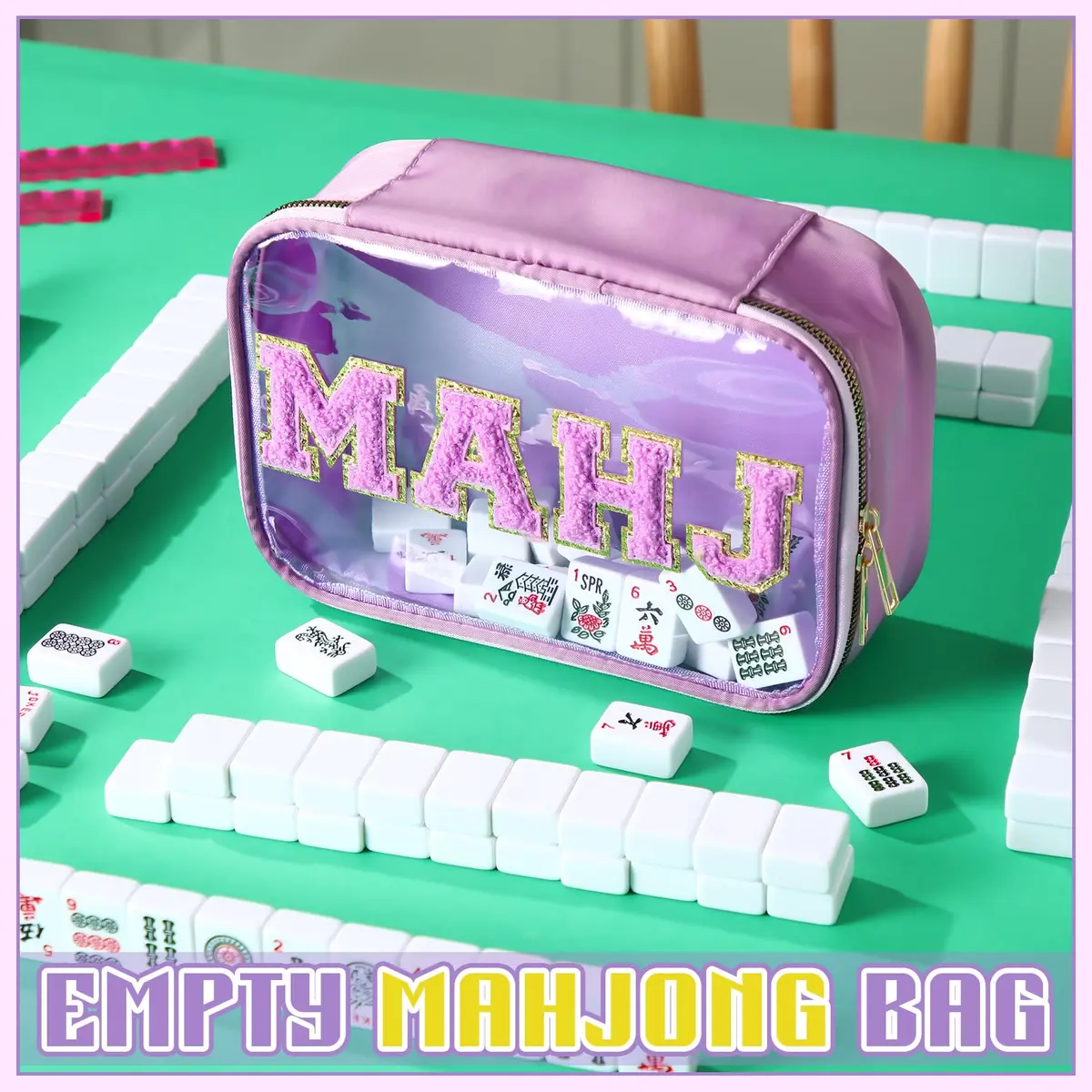 SilTriangle Mahjong Bag Waterproof Purple Mahj | Clear PVC, 8.66x5.52x3.15 inches, holds 166 tiles - view 6