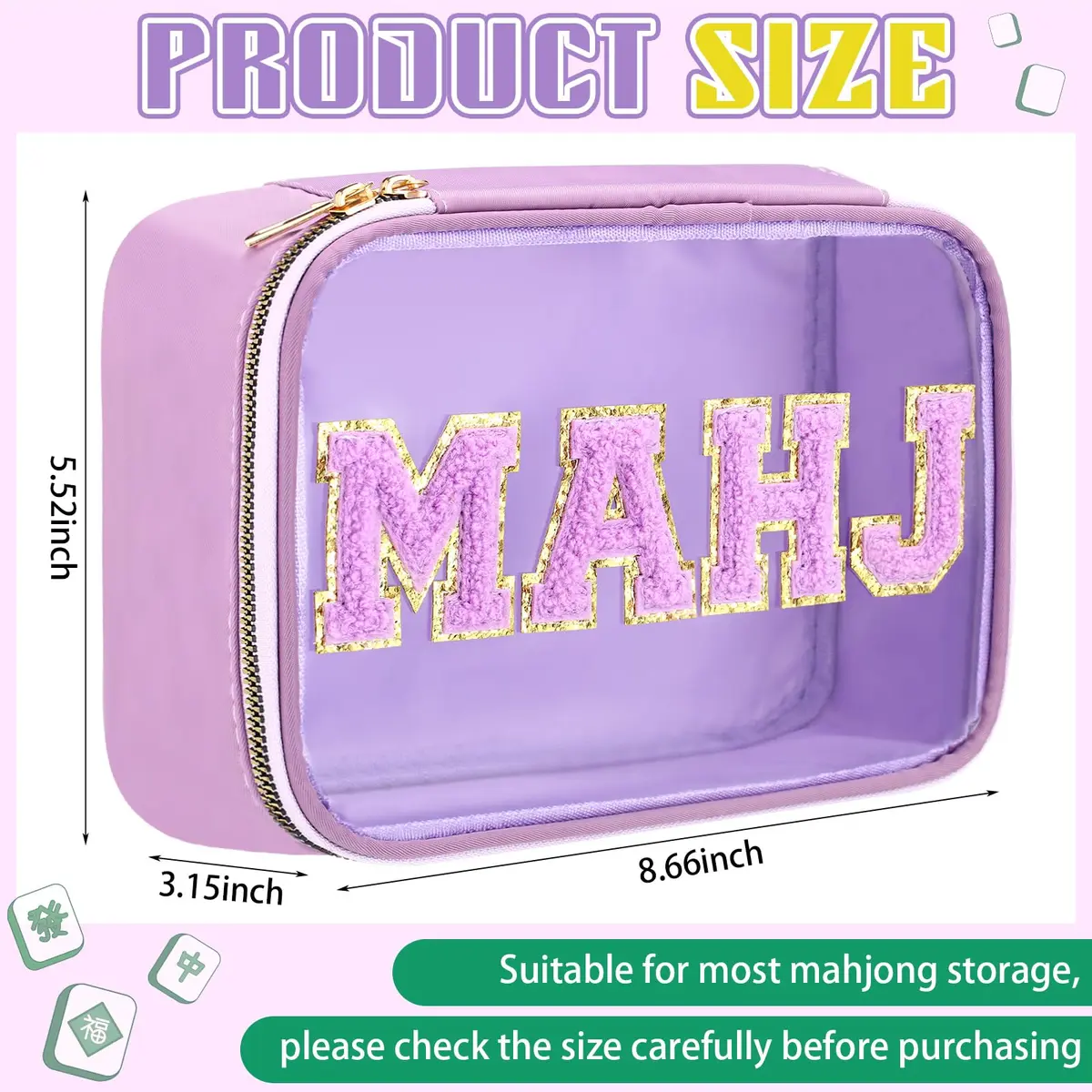 SilTriangle Mahjong Bag Waterproof Purple Mahj | Clear PVC, 8.66x5.52x3.15 inches, holds 166 tiles - view 2