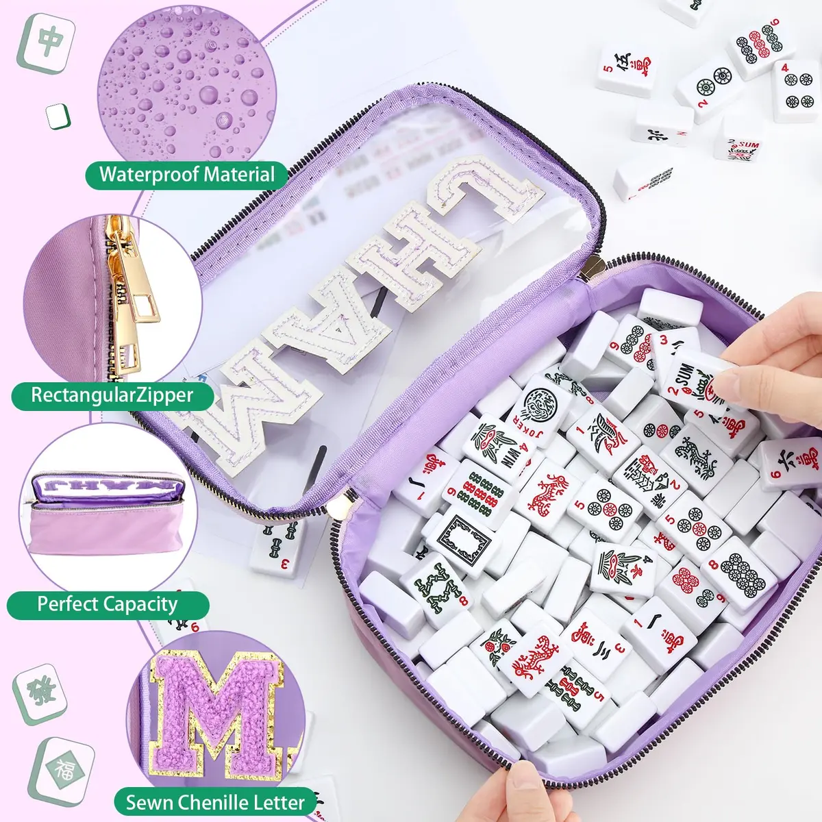 SilTriangle Mahjong Bag Waterproof Purple Mahj | Clear PVC, 8.66x5.52x3.15 inches, holds 166 tiles - view 3