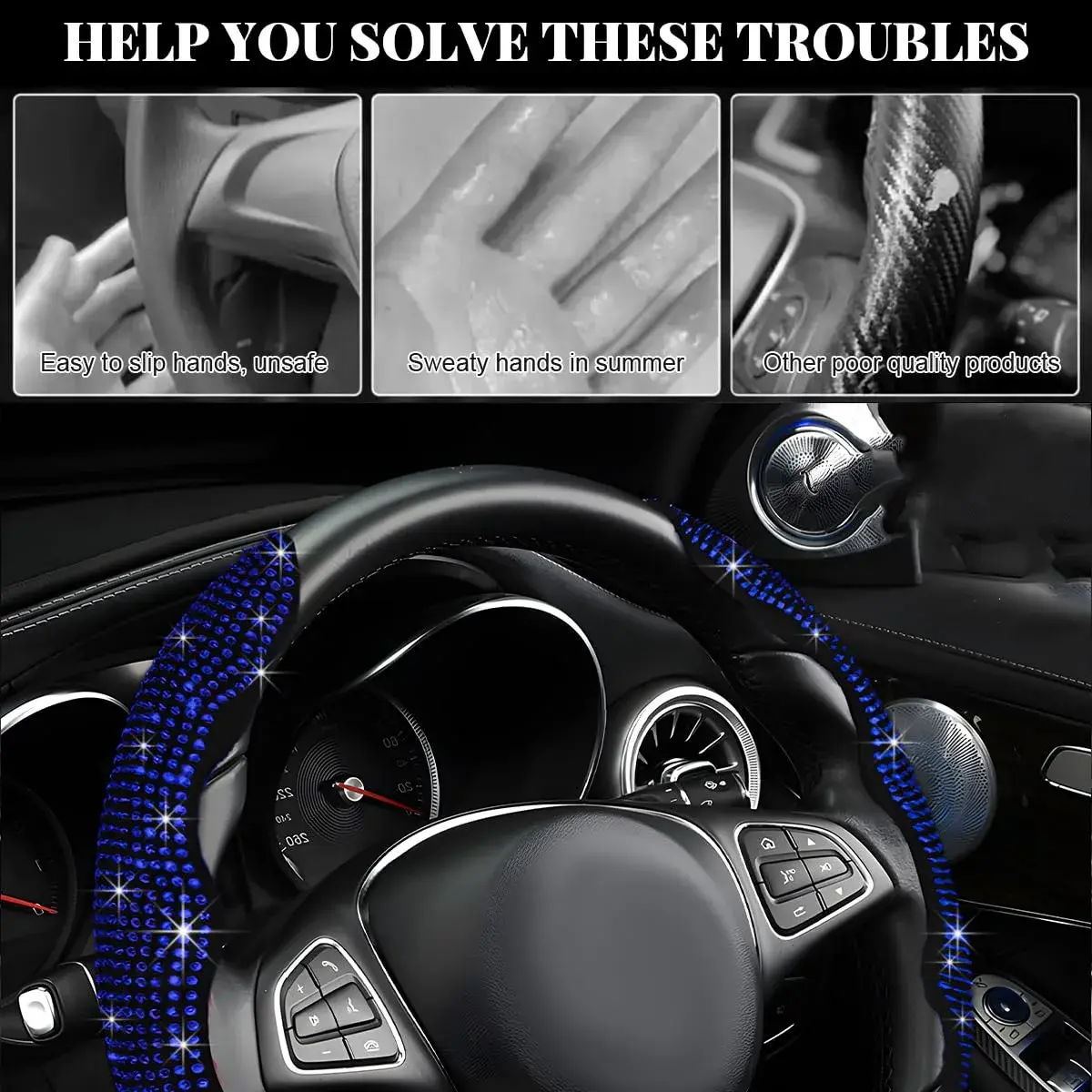 BWBWND Blue 2 PCS Steering Wheel Cover with Crystal Rhinestones | Fits 14-15.6 Inch Diameter Wheels - view 6