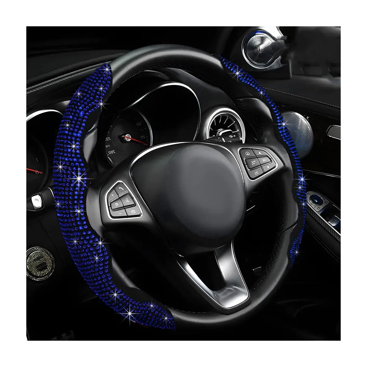 BWBWND Blue 2 PCS Steering Wheel Cover with Crystal Rhinestones | Fits 14-15.6 Inch Diameter Wheels - main product image