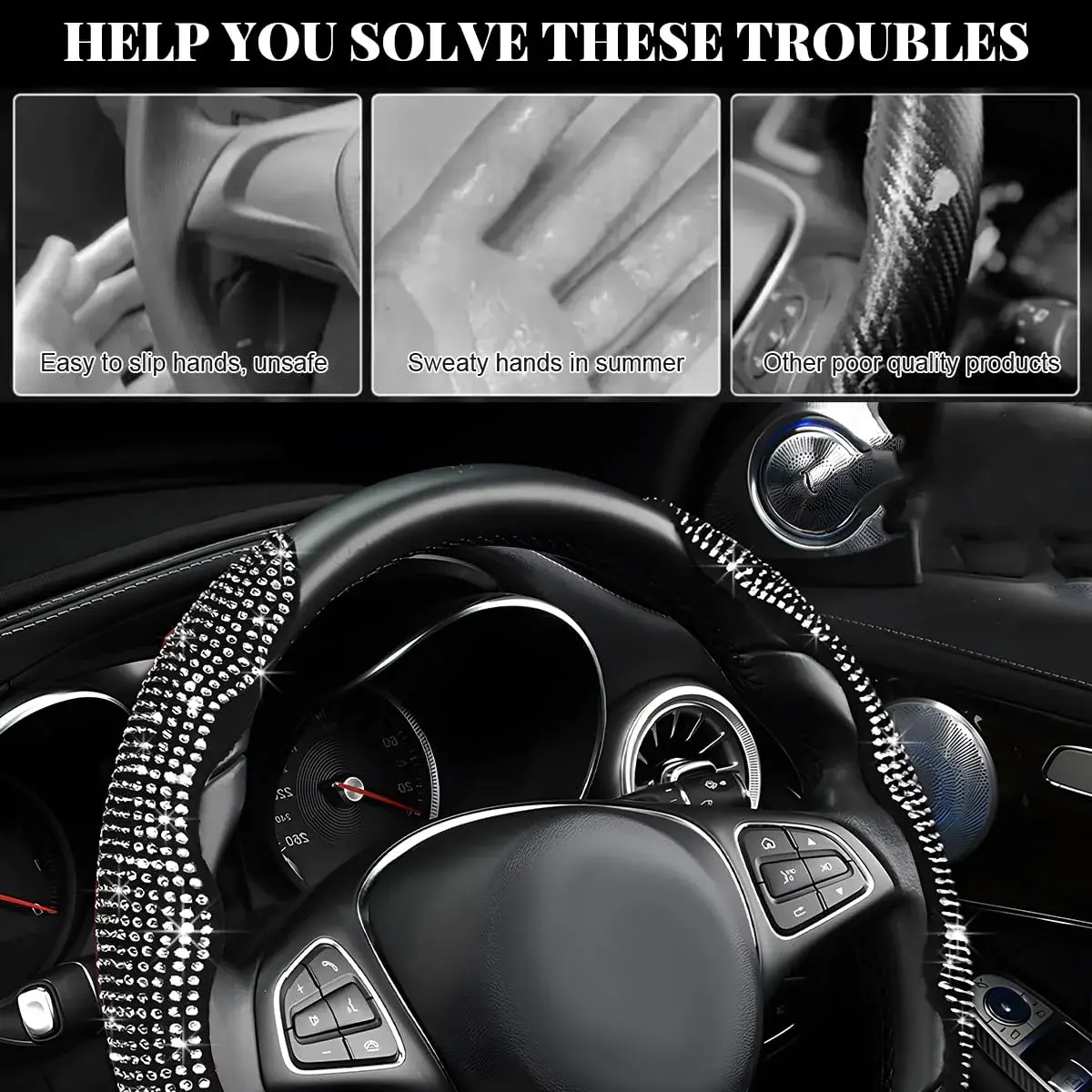 BWBWND White 2-Piece Segmented Steering Wheel Cover with Crystal Rhinestones | Fits 14-15.6 Inch Wheels - view 6