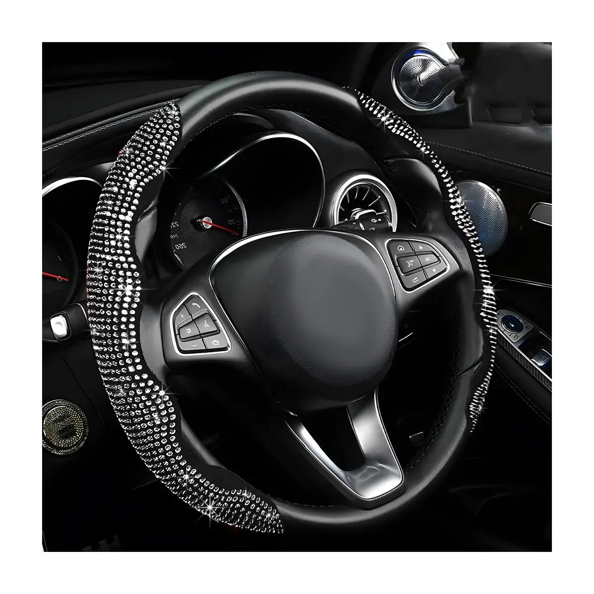 BWBWND White 2-Piece Segmented Steering Wheel Cover with Crystal Rhinestones | Fits 14-15.6 Inch Wheels - main product image