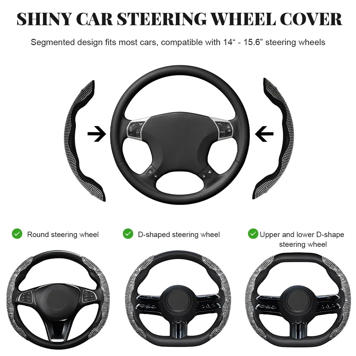 BWBWND White 2-Piece Segmented Steering Wheel Cover with Crystal Rhinestones | Fits 14-15.6 Inch Wheels - view 2