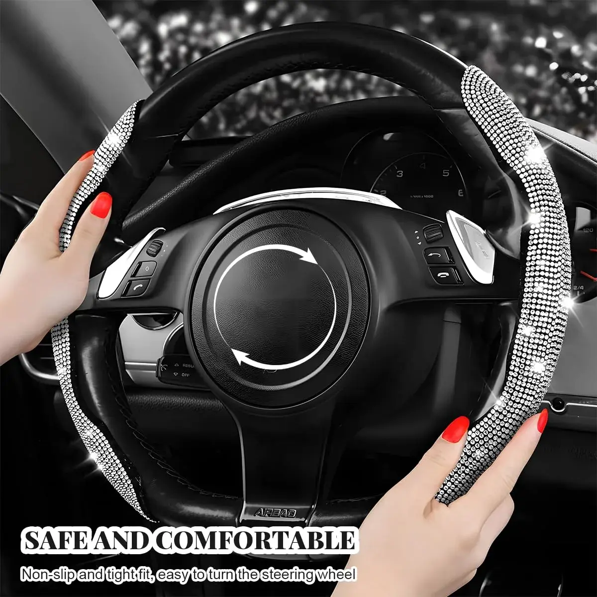 BWBWND White 2-Piece Segmented Steering Wheel Cover with Crystal Rhinestones | Fits 14-15.6 Inch Wheels - view 3