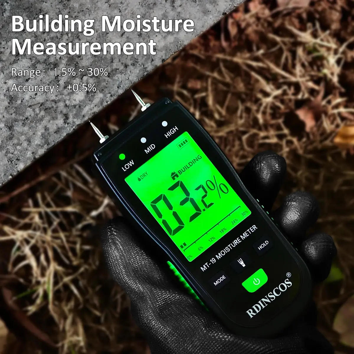 RDINSCOS Pin Type Moisture Meter with Replaceable Pins, Digital LCD Display, 3 AAA Batteries Included (Black/Green) - view 8