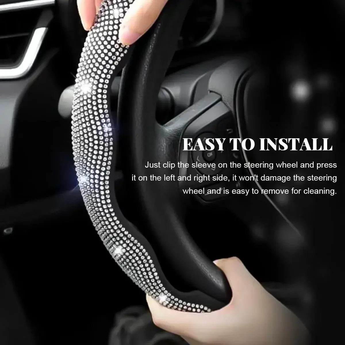 BWBWND Segmented Steering Wheel Cover with Crystal Rhinestones, 2-Pack Black 35.5 cm (14 to 15.6 inches) | Sparkly Non-Slip Car Accessory - view 5