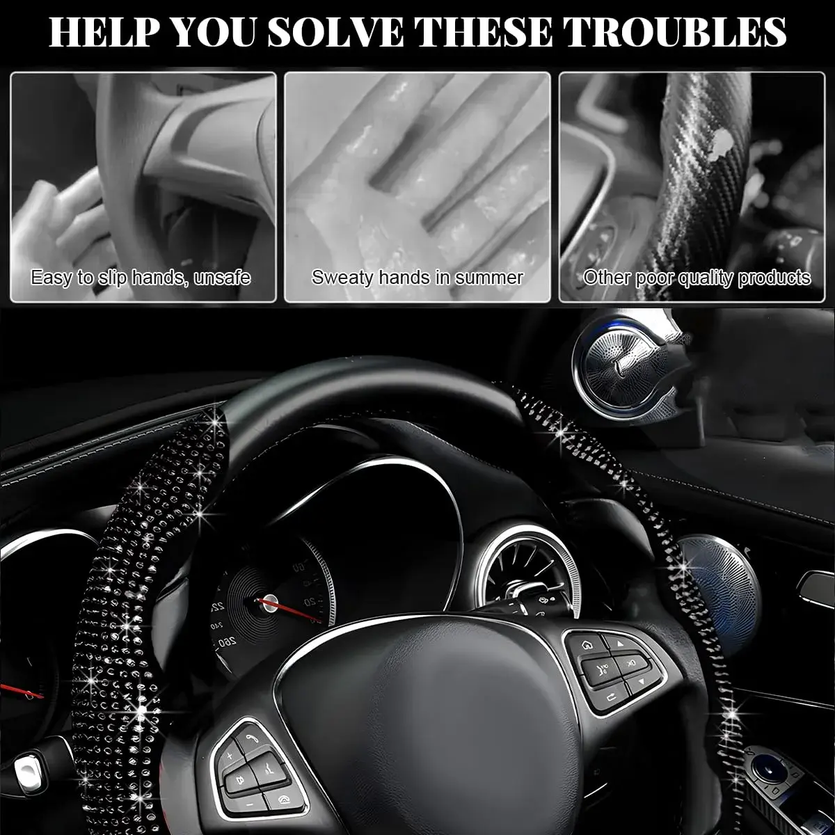 BWBWND Segmented Steering Wheel Cover with Crystal Rhinestones, 2-Pack Black 35.5 cm (14 to 15.6 inches) | Sparkly Non-Slip Car Accessory - view 6