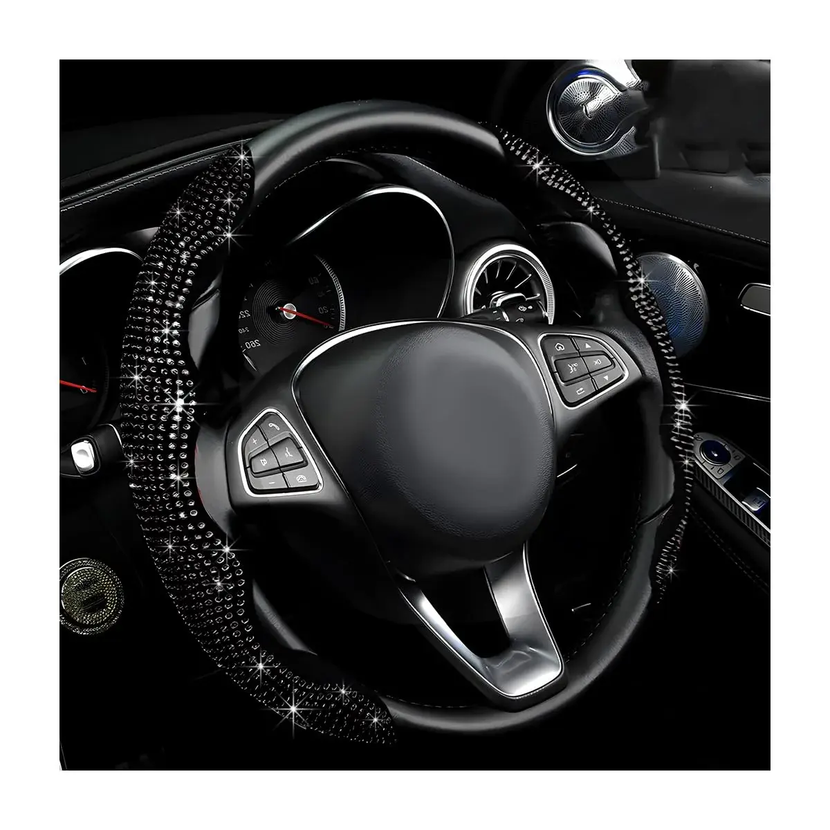 BWBWND Segmented Steering Wheel Cover with Crystal Rhinestones, 2-Pack Black 35.5 cm (14 to 15.6 inches) | Sparkly Non-Slip Car Accessory - main product image