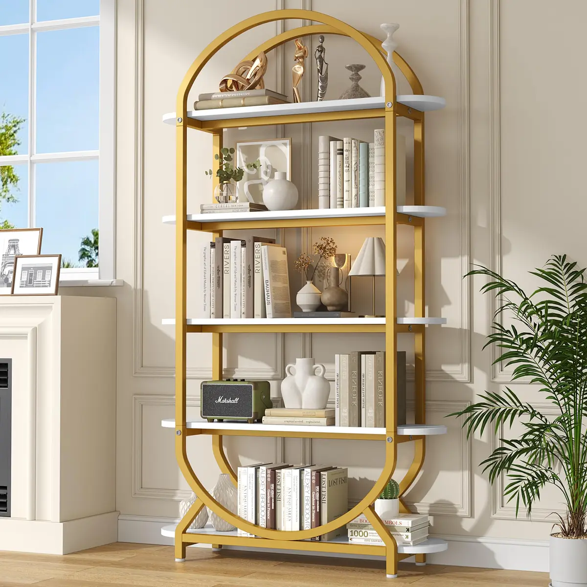 Semoic Tall Bookshelf Arched Bookcase 5-Tier | Industrial Modern Open Display Shelf for Living Room & Home Office - main product image
