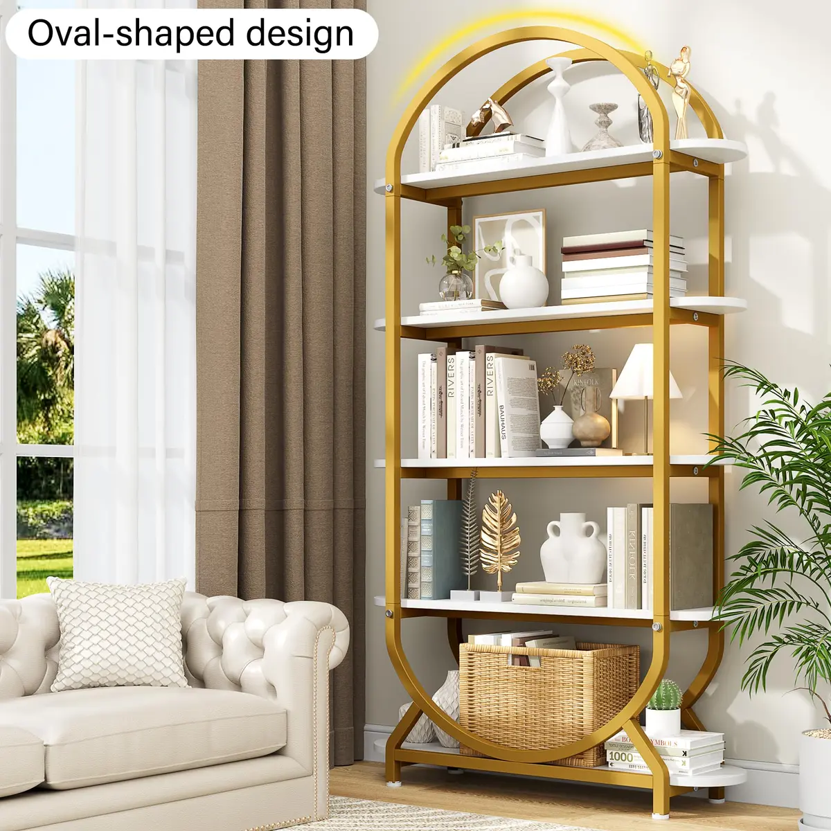 Semoic Tall Bookshelf Arched Bookcase 5-Tier | Industrial Modern Open Display Shelf for Living Room & Home Office - view 3