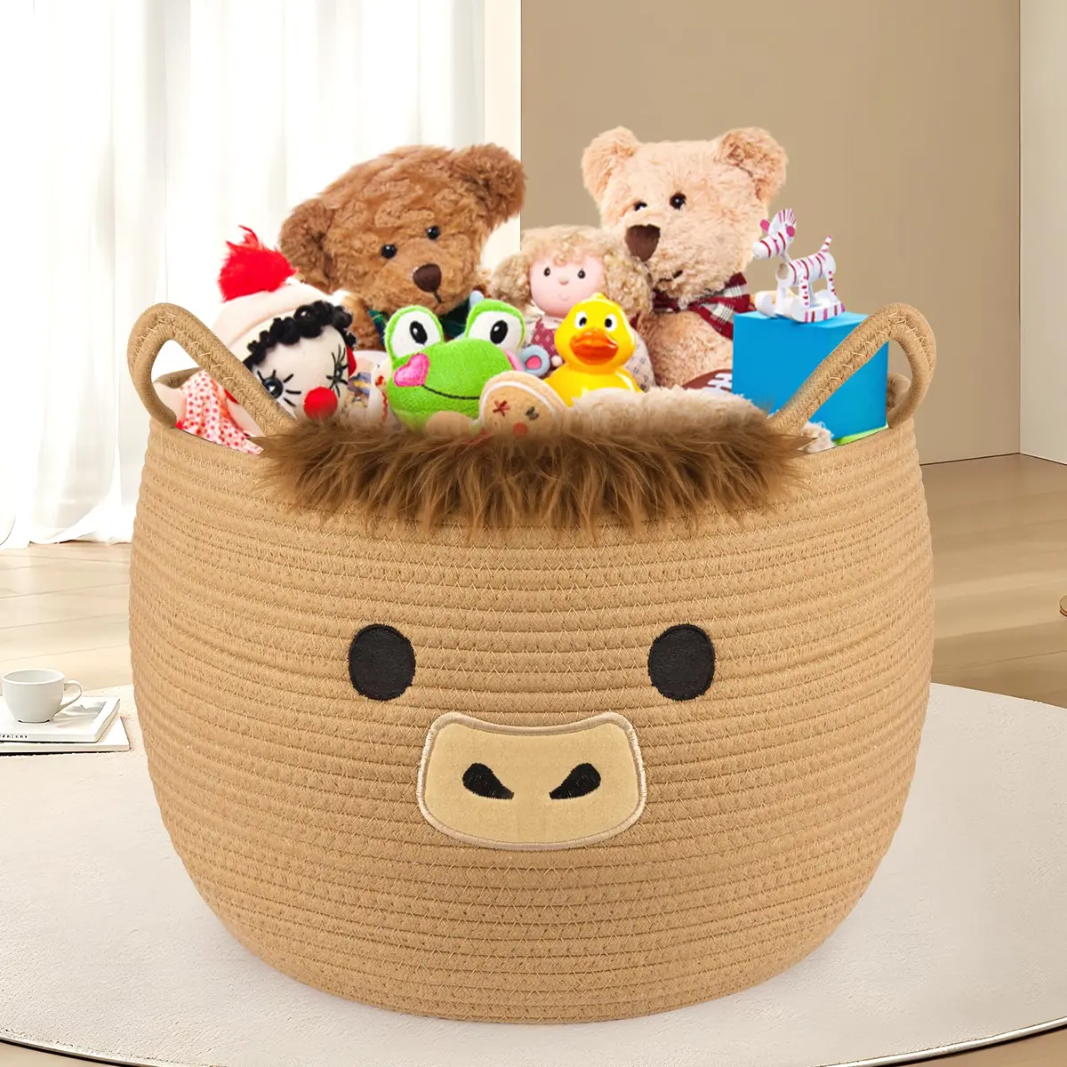 Hkojewp Highland Cow Basket for Nursery, Large Blanket Gift Basket | Woven Cotton Storage Basket with Handles (13"D × 12"H) - view 6
